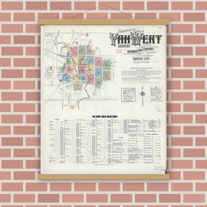 Old map wall art mockup — magnetic wood frame on brick wall — Sanborn Fire Insurance Map from Van Wert, Van Wert County, Ohio (1914), Sheet #0001