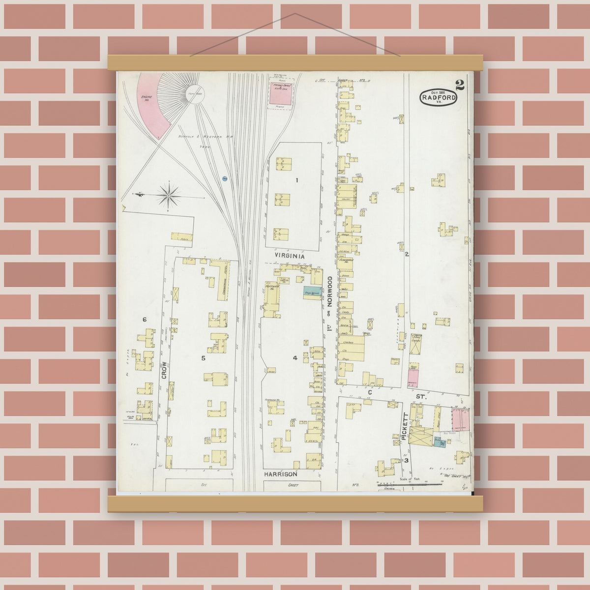 Old map wall art mockup — magnetic wood frame on brick wall — Sanborn Fire Insurance Map from Radford, Independent Cities, Virginia (1891), Sheet #0002