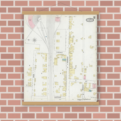 Old map wall art mockup — magnetic wood frame on brick wall — Sanborn Fire Insurance Map from Radford, Independent Cities, Virginia (1891), Sheet #0002