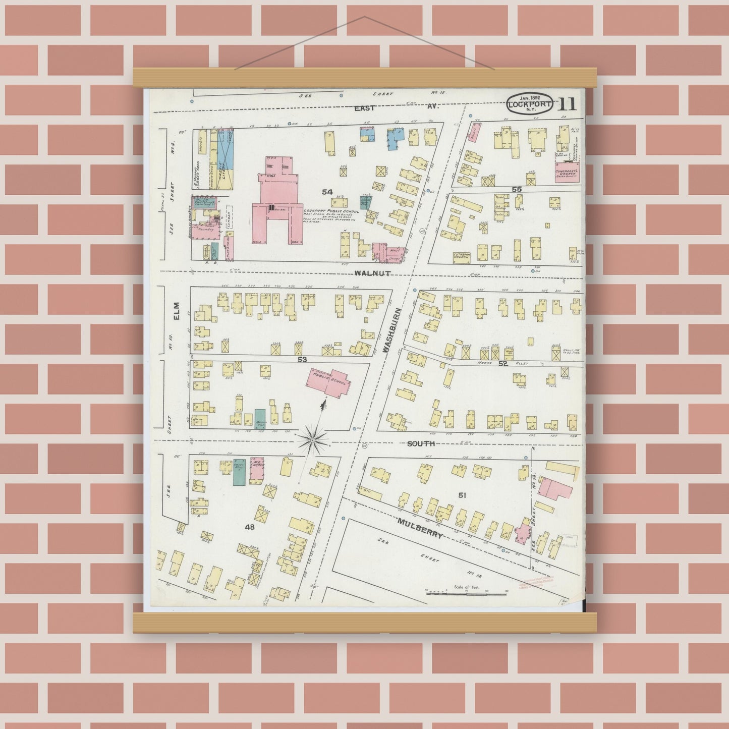 Old map wall art mockup — magnetic wood frame on brick wall — Sanborn Fire Insurance Map from Lockport, Niagara County, New York (1892), Sheet #0011