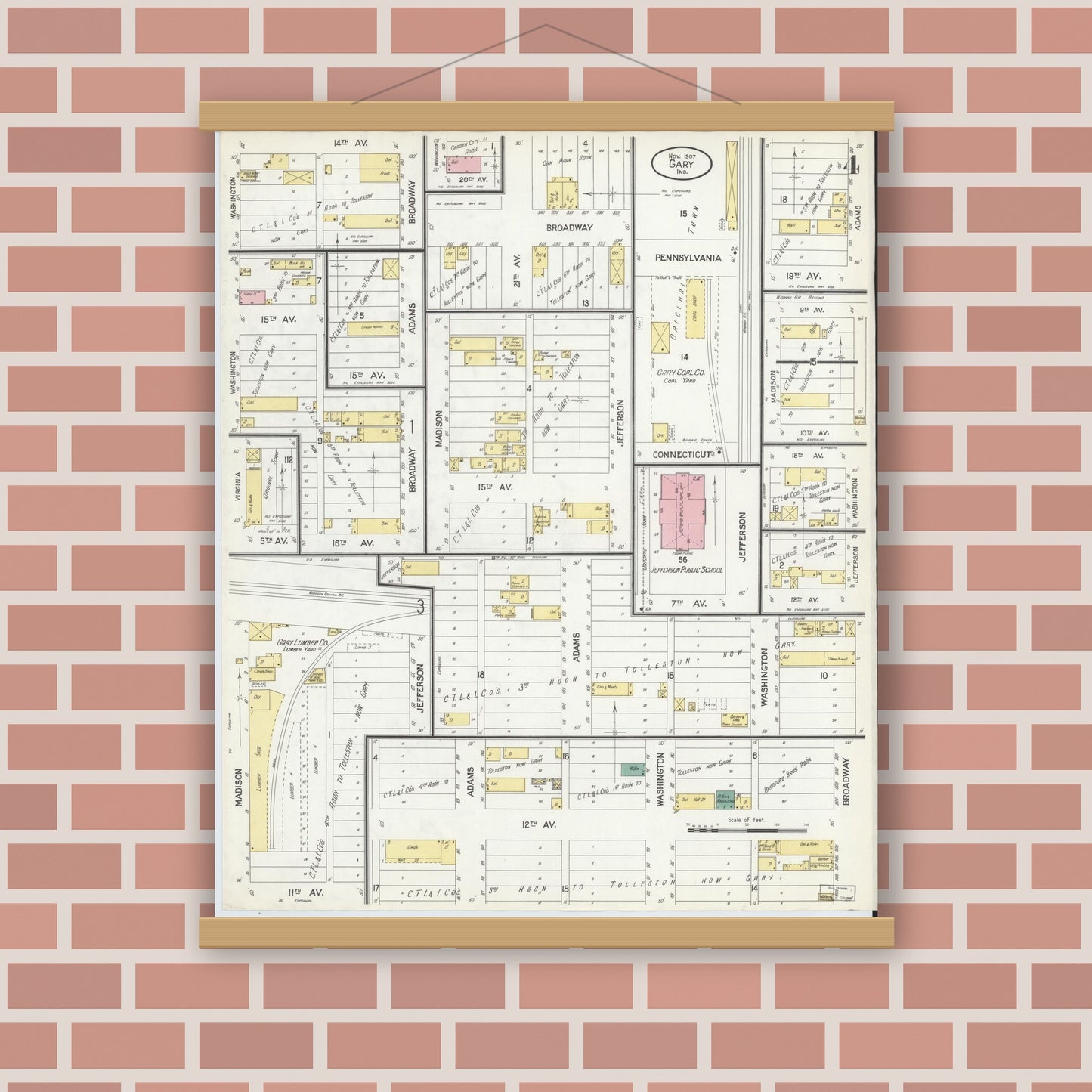 Old map wall art mockup — magnetic wood frame on brick wall — Sanborn Fire Insurance Map from Gary, Lake County, Indiana (1907), Sheet #0004