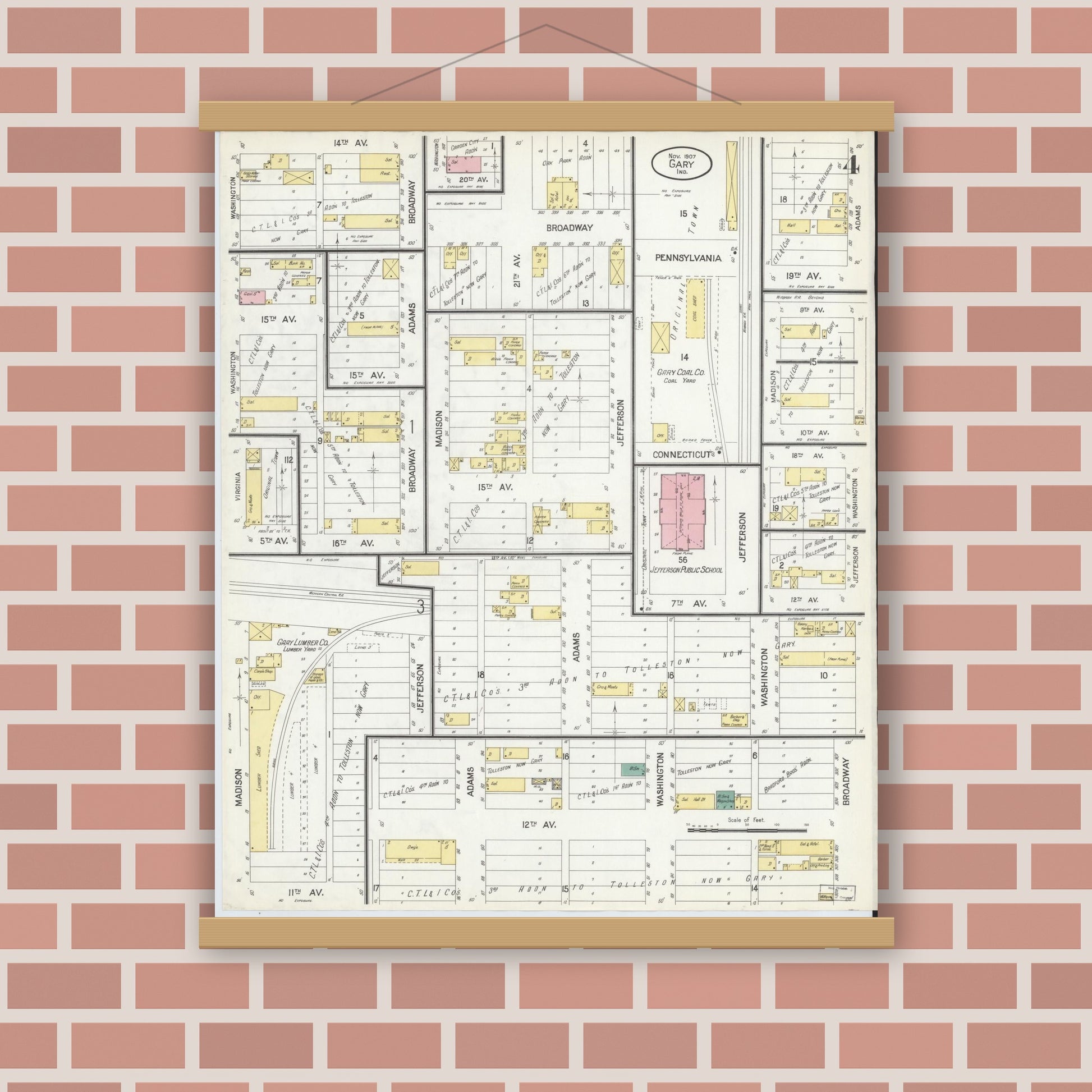 Old map wall art mockup — magnetic wood frame on brick wall — Sanborn Fire Insurance Map from Gary, Lake County, Indiana (1907), Sheet #0004