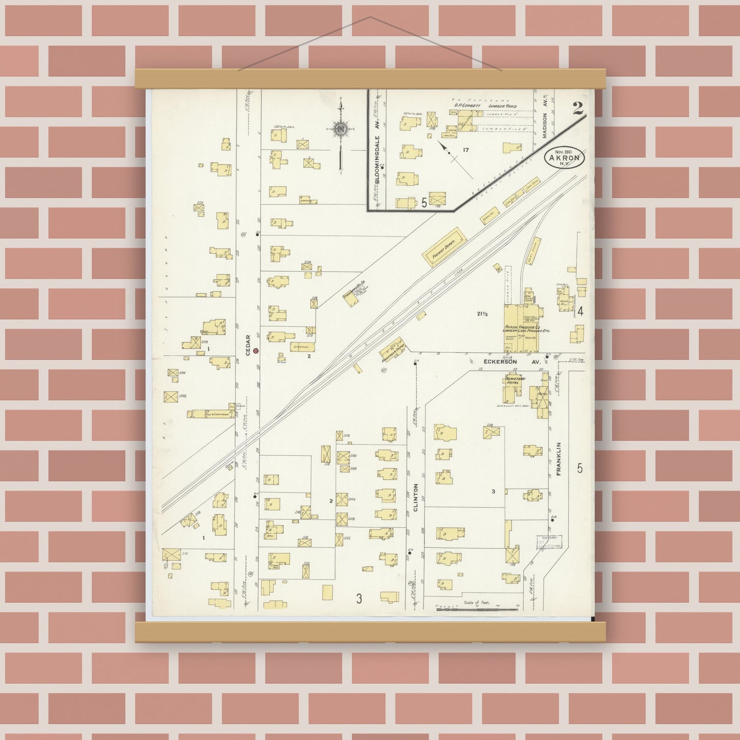 Old map wall art mockup — magnetic wood frame on brick wall — Sanborn Fire Insurance Map from Akron, Erie County, New York (1910), Sheet #0002