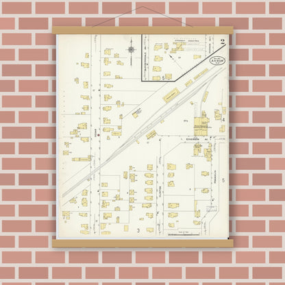 Old map wall art mockup — magnetic wood frame on brick wall — Sanborn Fire Insurance Map from Akron, Erie County, New York (1910), Sheet #0002