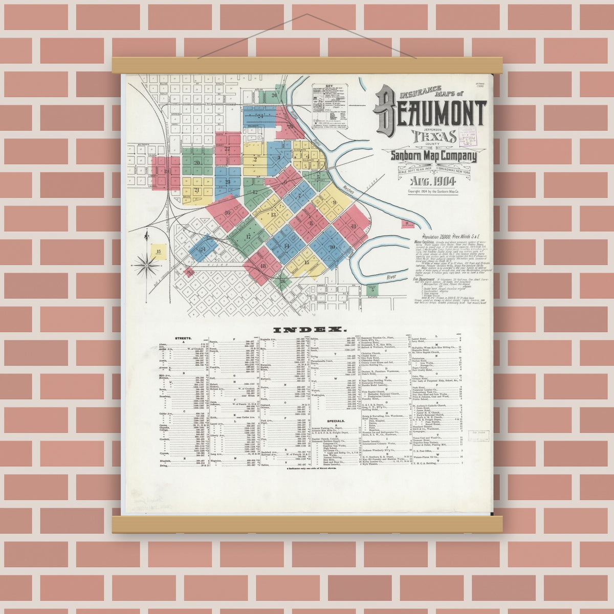 Old map wall art mockup — magnetic wood frame on brick wall — Sanborn Fire Insurance Map from Beaumont, Jefferson County, Texas (1904) - Complete Map Set