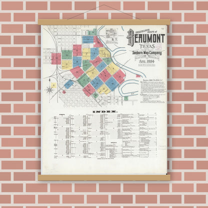 Old map wall art mockup — magnetic wood frame on brick wall — Sanborn Fire Insurance Map from Beaumont, Jefferson County, Texas (1904) - Complete Map Set