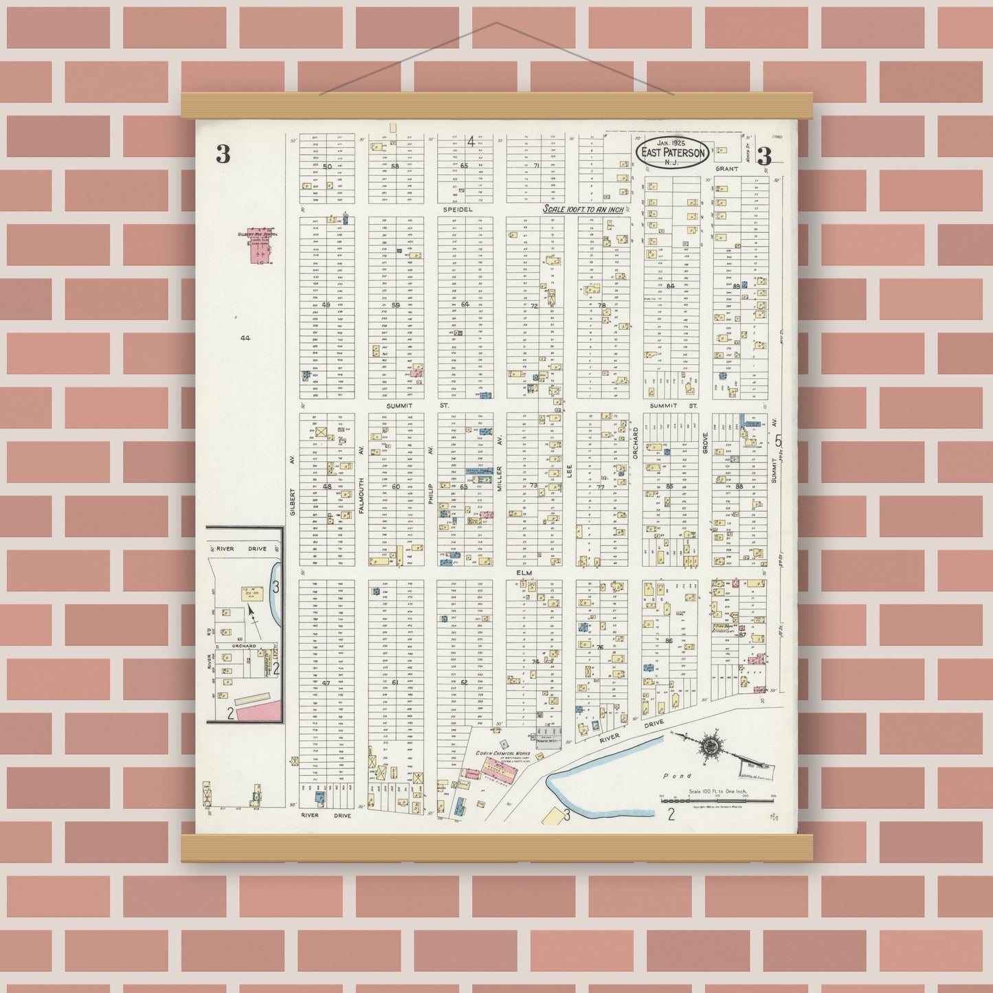 Old map wall art mockup — magnetic wood frame on brick wall — Sanborn Fire Insurance Map from East Paterson, Bergen County, New Jersey (1925), Sheet #0003