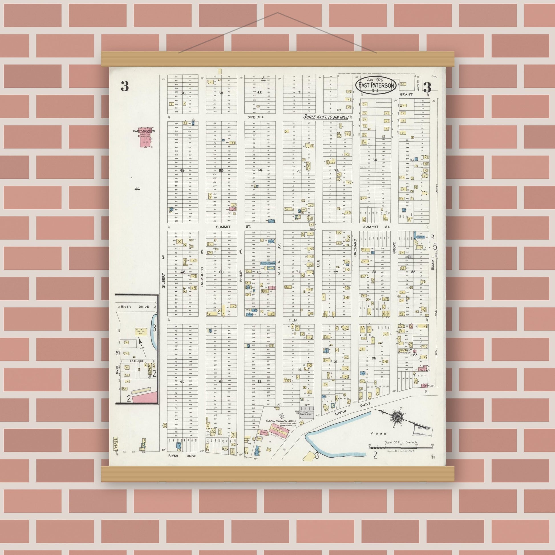 Old map wall art mockup — magnetic wood frame on brick wall — Sanborn Fire Insurance Map from East Paterson, Bergen County, New Jersey (1925), Sheet #0003