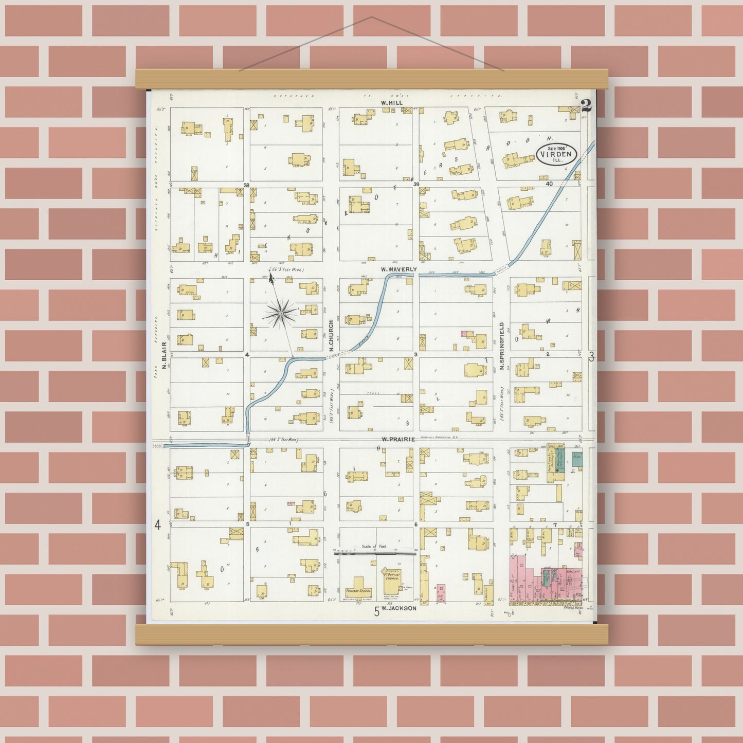 Old map wall art mockup — magnetic wood frame on brick wall — Sanborn Fire Insurance Map from Virden, Macoupin County, Illinois (1906), Sheet #0002