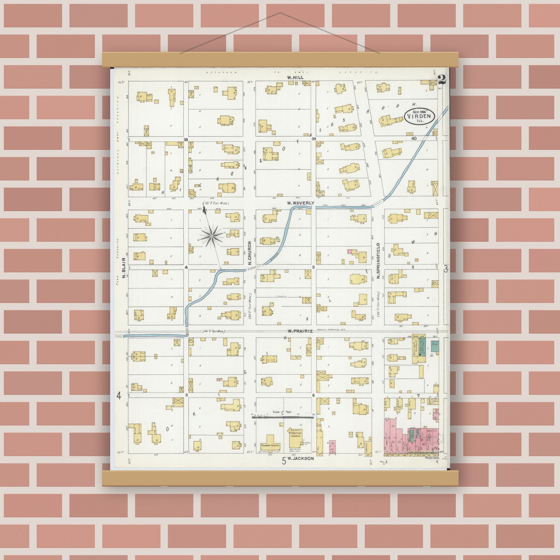 Old map wall art mockup — magnetic wood frame on brick wall — Sanborn Fire Insurance Map from Virden, Macoupin County, Illinois (1906), Sheet #0002