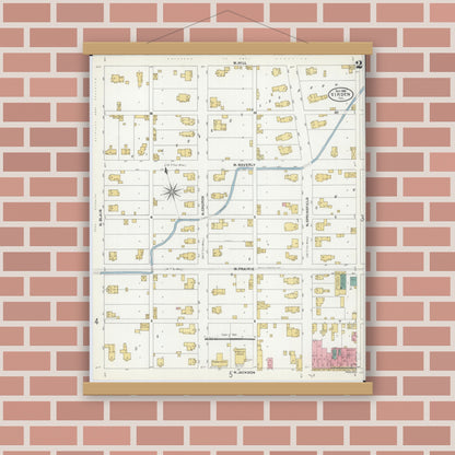 Old map wall art mockup — magnetic wood frame on brick wall — Sanborn Fire Insurance Map from Virden, Macoupin County, Illinois (1906), Sheet #0002