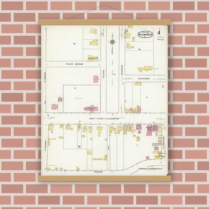 Old map wall art mockup — magnetic wood frame on brick wall — Sanborn Fire Insurance Map from Williamsburg, Independent Cities, Virginia (1921), Sheet #0004