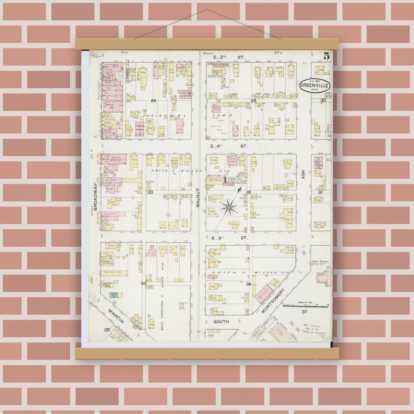 Old map wall art mockup — magnetic wood frame on brick wall — Sanborn Fire Insurance Map from Greenville, Darke County, Ohio (1887), Sheet #0005