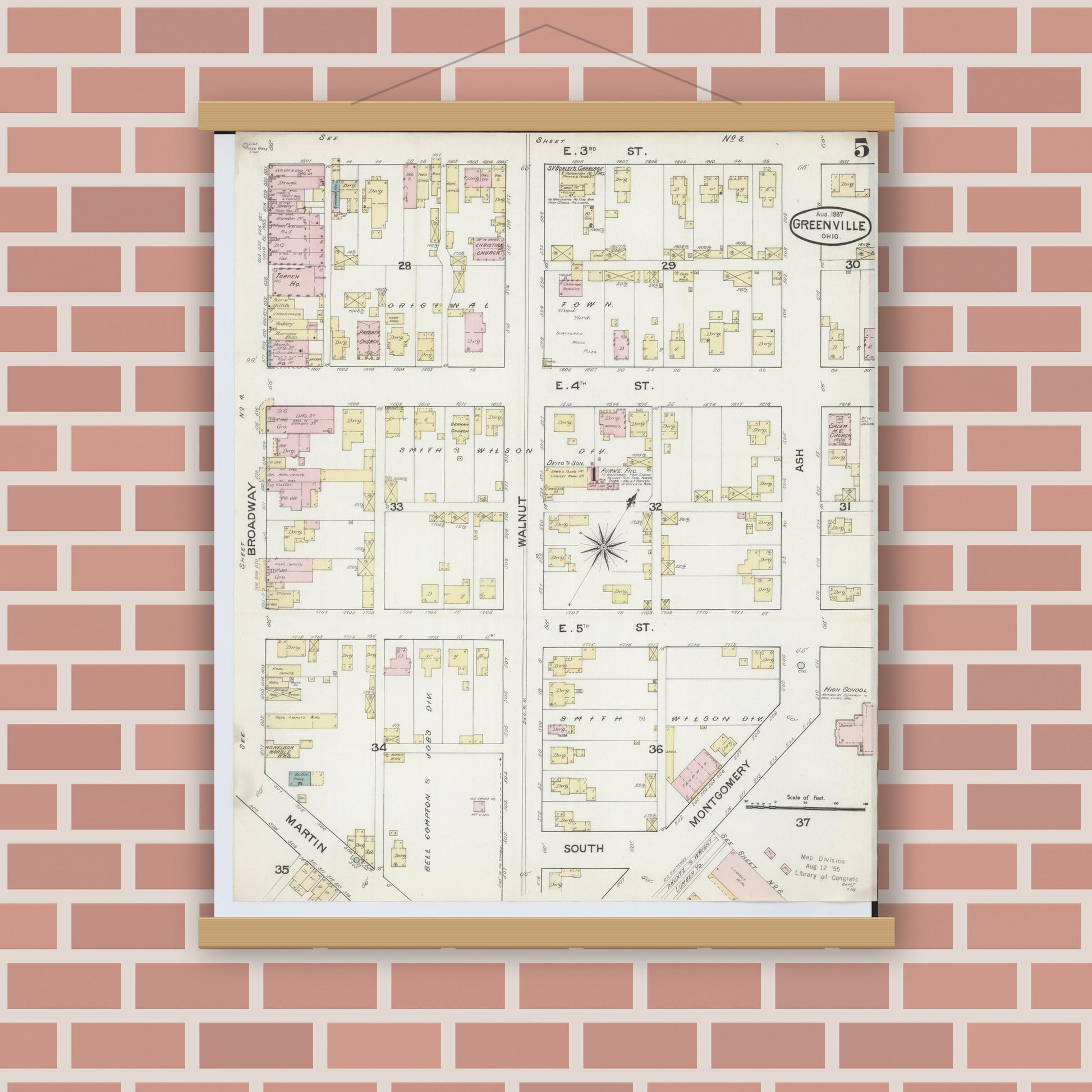 Old map wall art mockup — magnetic wood frame on brick wall — Sanborn Fire Insurance Map from Greenville, Darke County, Ohio (1887), Sheet #0005