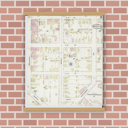 Old map wall art mockup — magnetic wood frame on brick wall — Sanborn Fire Insurance Map from Greenville, Darke County, Ohio (1887), Sheet #0005