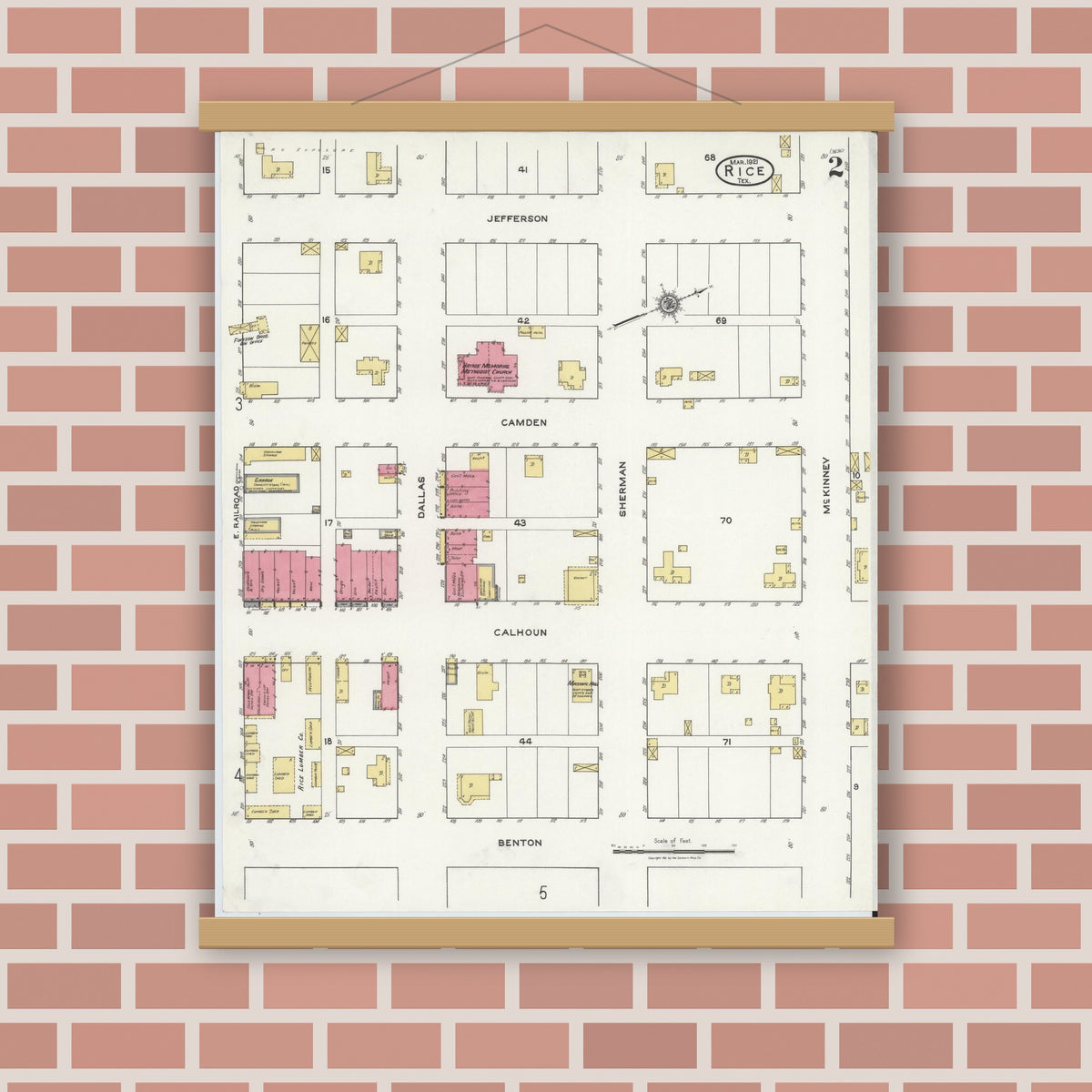 Old map wall art mockup — magnetic wood frame on brick wall — Sanborn Fire Insurance Map from Rice, Navarro County, Texas (1921), Sheet #0002