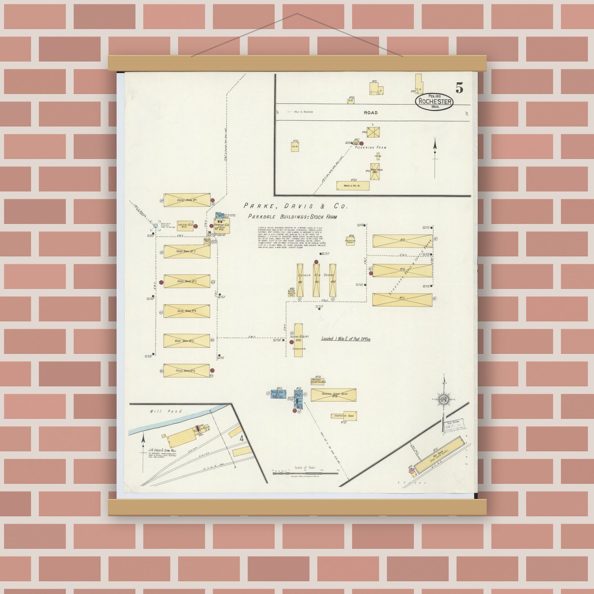 Old map wall art mockup — magnetic wood frame on brick wall — Sanborn Fire Insurance Map from Rochester, Oakland County, Michigan (1919), Sheet #0005