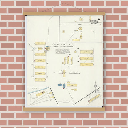 Old map wall art mockup — magnetic wood frame on brick wall — Sanborn Fire Insurance Map from Rochester, Oakland County, Michigan (1919), Sheet #0005