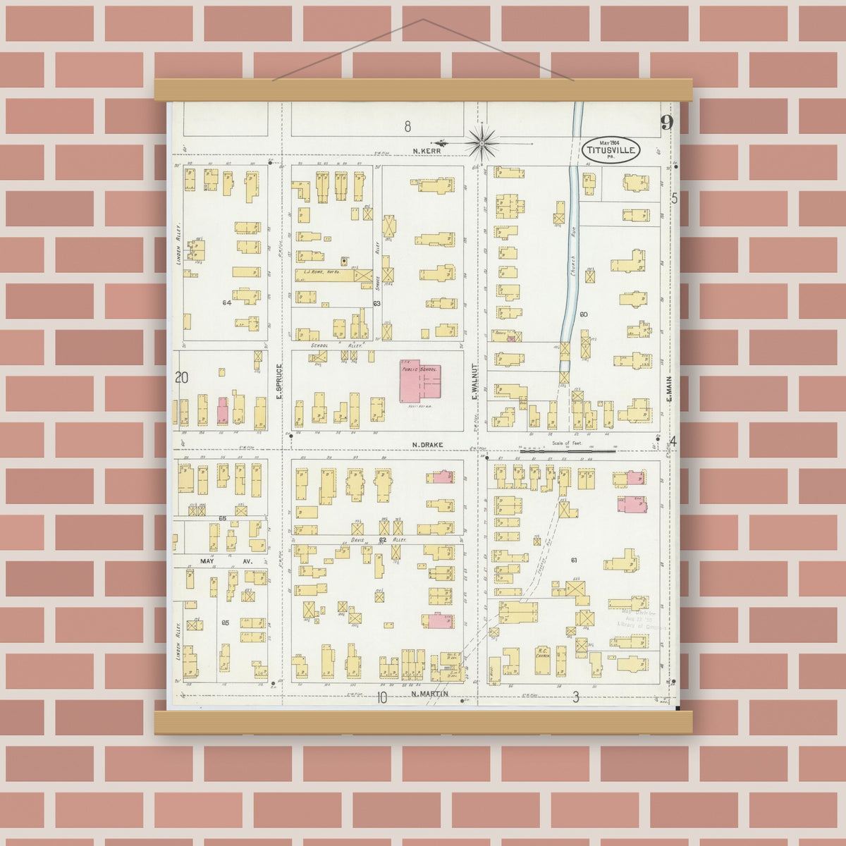 Old map wall art mockup — magnetic wood frame on brick wall — Sanborn Fire Insurance Map from Titusville, Crawford County, Pennsylvania (1904), Sheet #0009