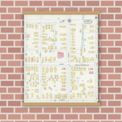 Old map wall art mockup — magnetic wood frame on brick wall — Sanborn Fire Insurance Map from Titusville, Crawford County, Pennsylvania (1904), Sheet #0009