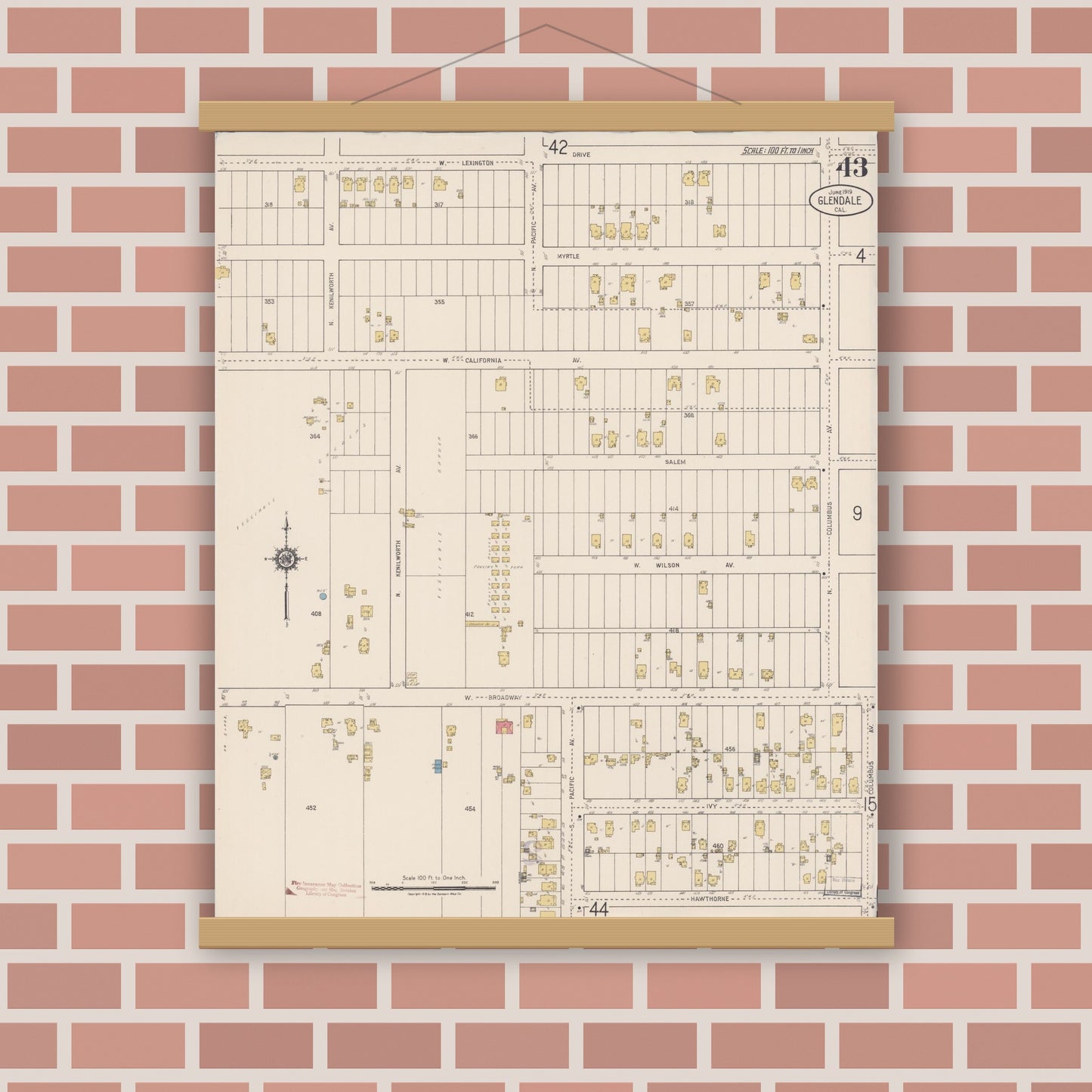 Old map wall art mockup — magnetic wood frame on brick wall — Sanborn Fire Insurance Map from Glendale, Los Angeles County, California (1919), Sheet #0043