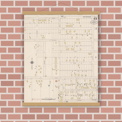 Old map wall art mockup — magnetic wood frame on brick wall — Sanborn Fire Insurance Map from Glendale, Los Angeles County, California (1919), Sheet #0043