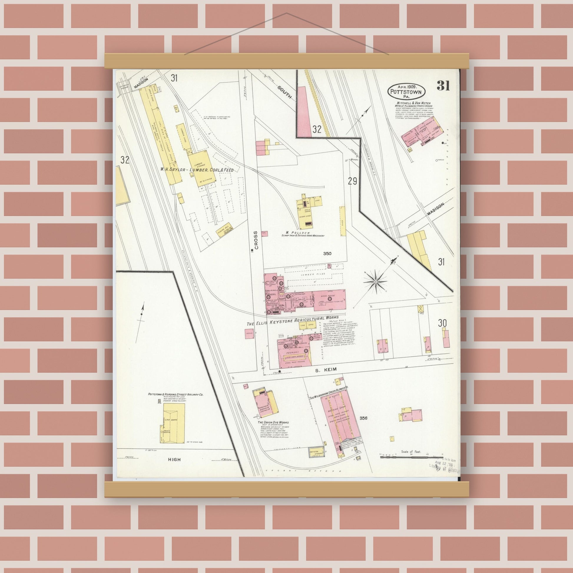 Old map wall art mockup — magnetic wood frame on brick wall — Sanborn Fire Insurance Map from Pottstown, Montgomery County, Pennsylvania (1909), Sheet #0031