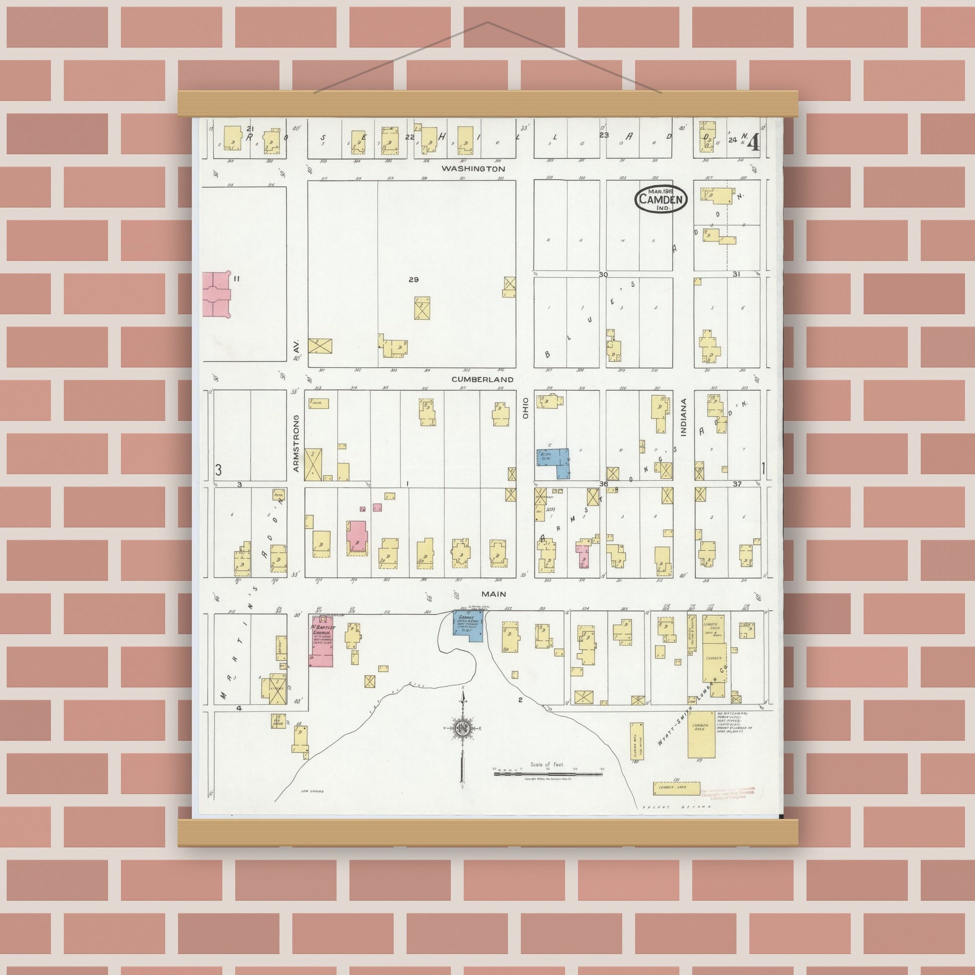 Old map wall art mockup — magnetic wood frame on brick wall — Sanborn Fire Insurance Map from Camden, Carroll County, Indiana (1919), Sheet #0004