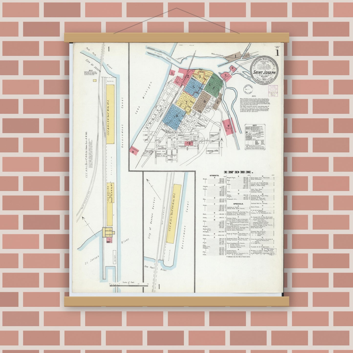 Old map wall art mockup — magnetic wood frame on brick wall — Sanborn Fire Insurance Map from Saint Joseph, Berrien County, Michigan (1902) - Complete Map Set