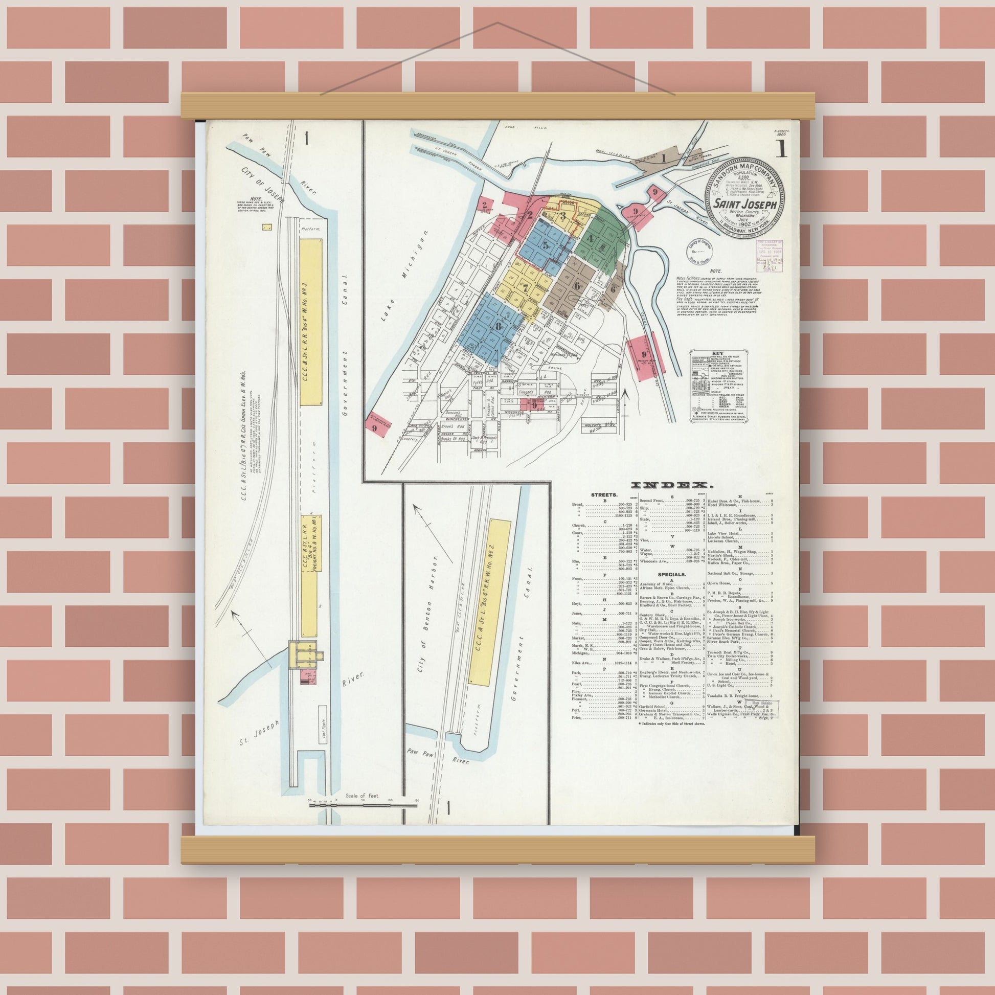 Old map wall art mockup — magnetic wood frame on brick wall — Sanborn Fire Insurance Map from Saint Joseph, Berrien County, Michigan (1902) - Complete Map Set