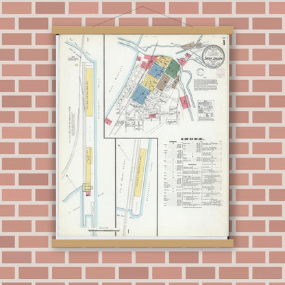 Old map wall art mockup — magnetic wood frame on brick wall — Sanborn Fire Insurance Map from Saint Joseph, Berrien County, Michigan (1902) - Complete Map Set