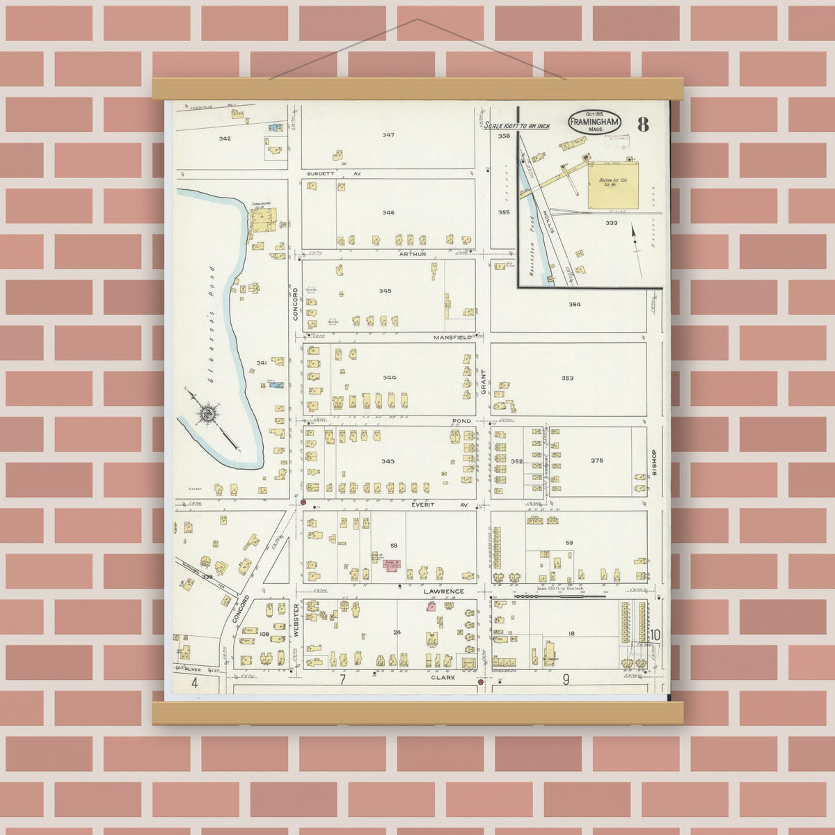 Old map wall art mockup — magnetic wood frame on brick wall — Sanborn Fire Insurance Map from Framingham, Middlesex County, Massachusetts (1915), Sheet #0008