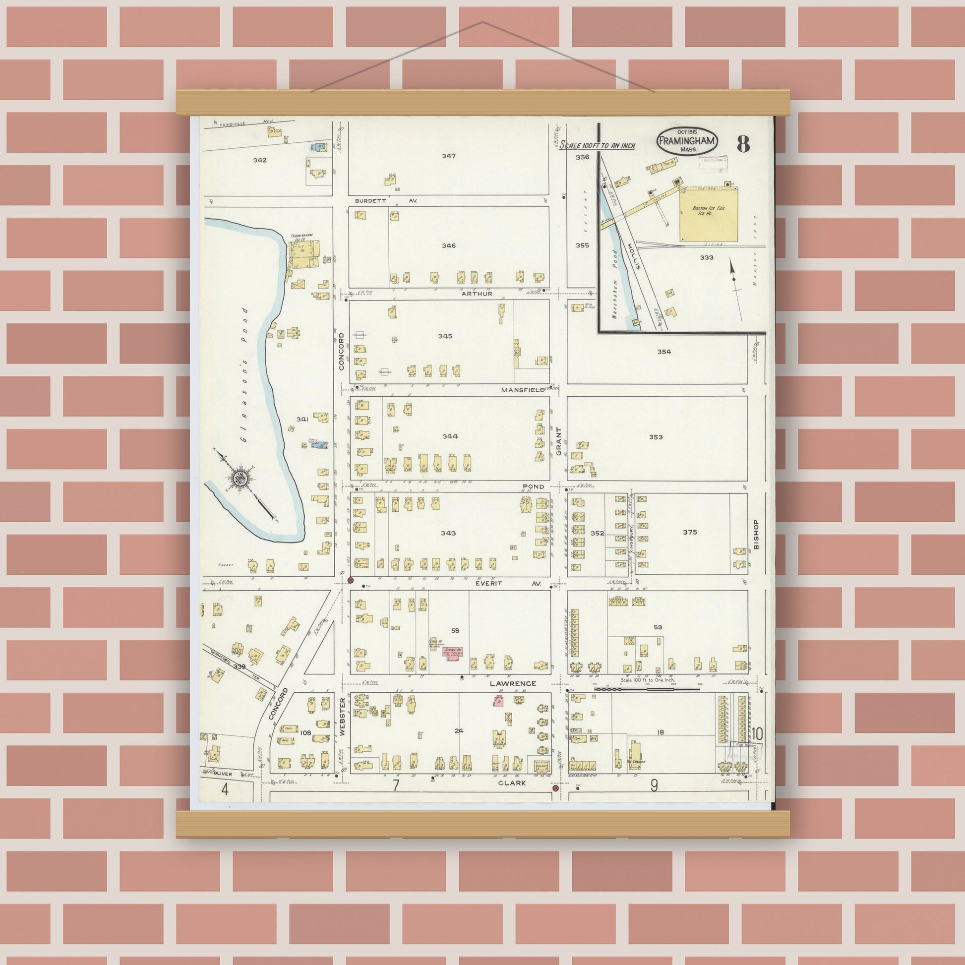 Old map wall art mockup — magnetic wood frame on brick wall — Sanborn Fire Insurance Map from Framingham, Middlesex County, Massachusetts (1915), Sheet #0008