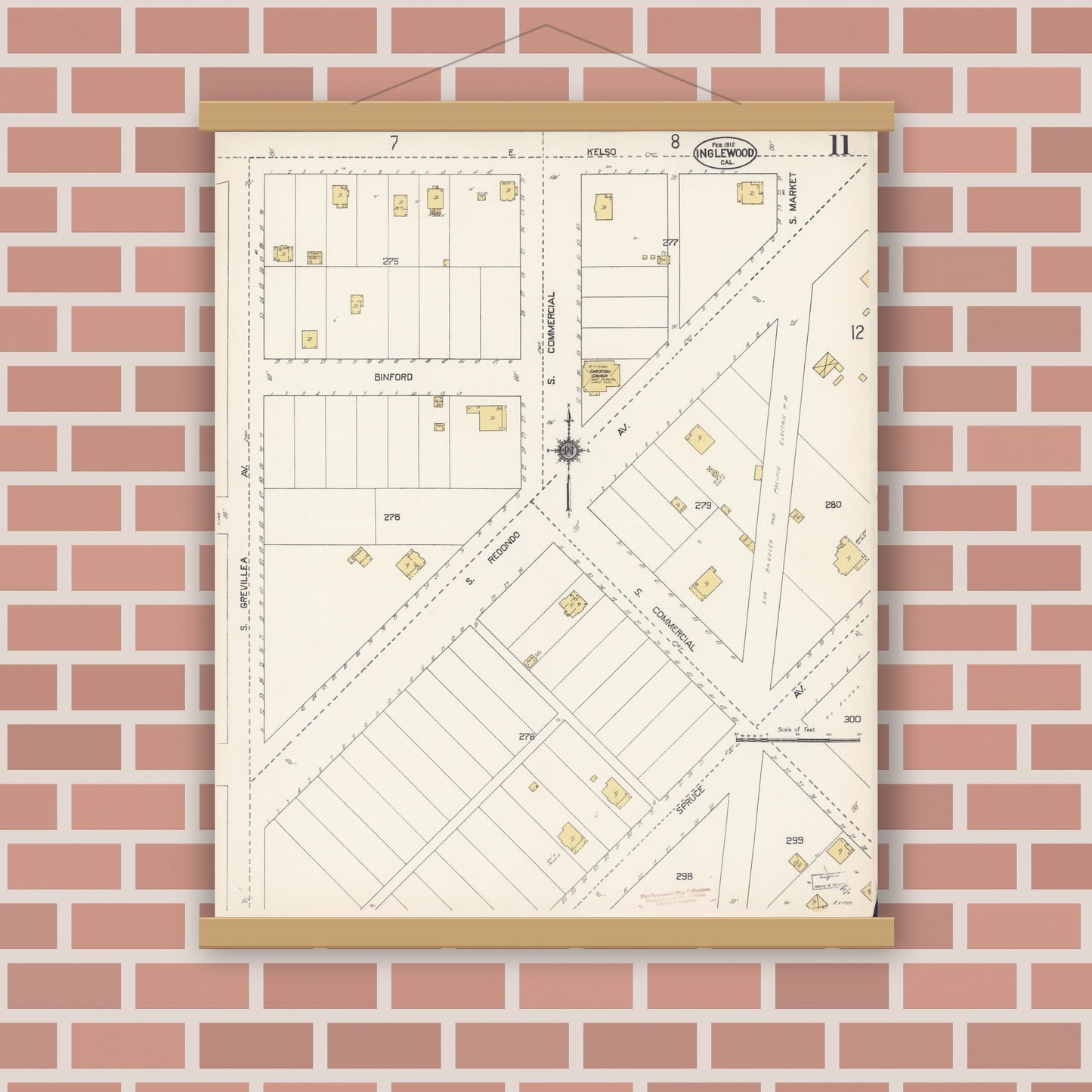 Old map wall art mockup — magnetic wood frame on brick wall — Sanborn Fire Insurance Map from Inglewood, Los Angeles County, California (1912), Sheet #0011