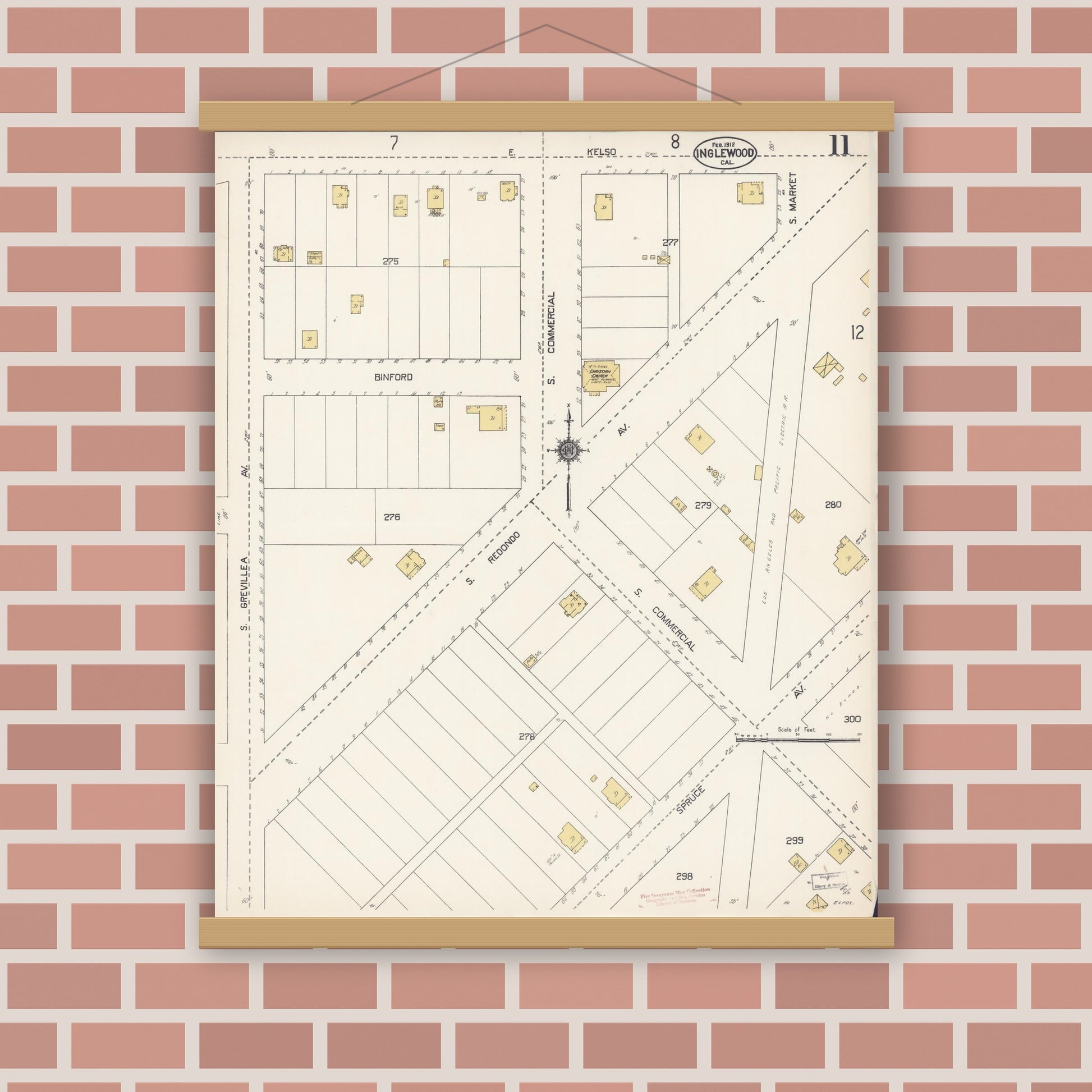 Old map wall art mockup — magnetic wood frame on brick wall — Sanborn Fire Insurance Map from Inglewood, Los Angeles County, California (1912), Sheet #0011
