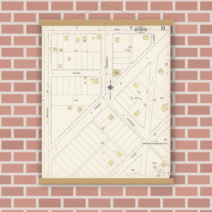 Old map wall art mockup — magnetic wood frame on brick wall — Sanborn Fire Insurance Map from Inglewood, Los Angeles County, California (1912), Sheet #0011