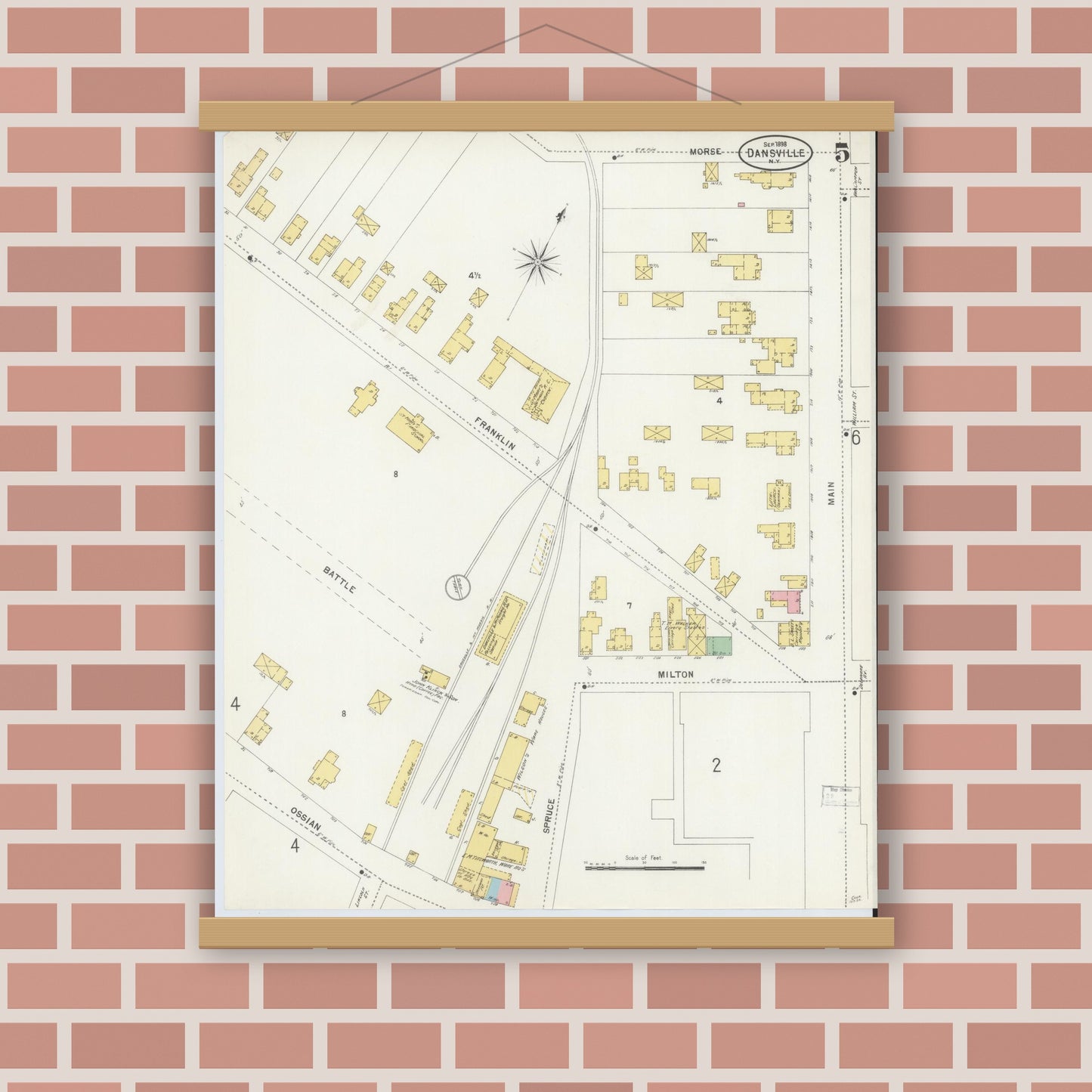 Old map wall art mockup — magnetic wood frame on brick wall — Sanborn Fire Insurance Map from Dansville, Livingston County, New York (1898), Sheet #0005