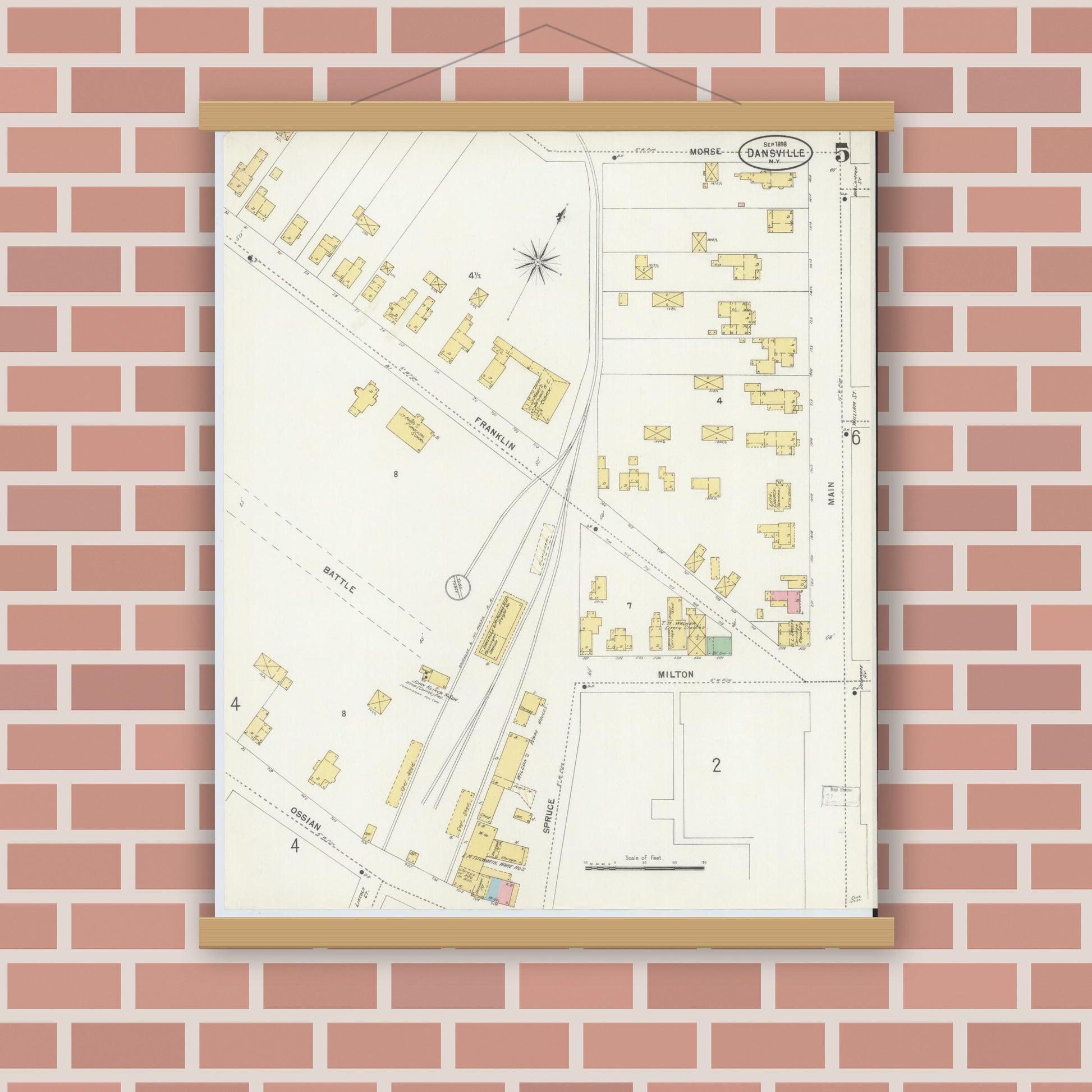 Old map wall art mockup — magnetic wood frame on brick wall — Sanborn Fire Insurance Map from Dansville, Livingston County, New York (1898), Sheet #0005