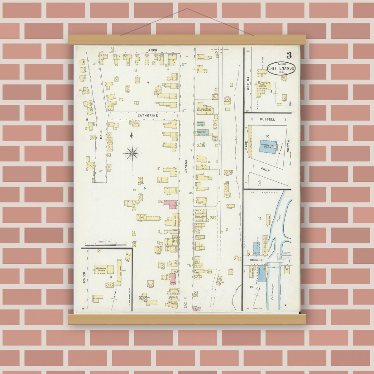 Old map wall art mockup — magnetic wood frame on brick wall — Sanborn Fire Insurance Map from Chittenango, Madison County, New York (1895), Sheet #0003