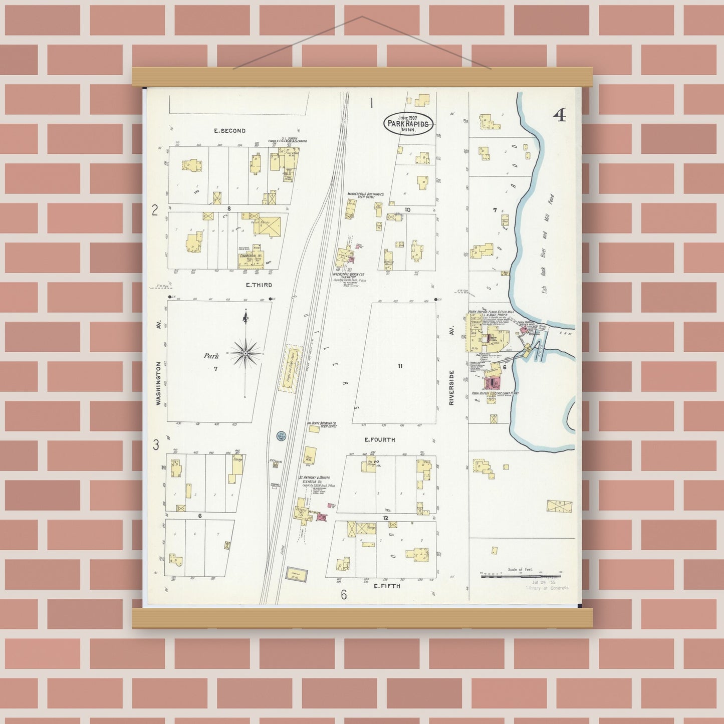 Old map wall art mockup — magnetic wood frame on brick wall — Sanborn Fire Insurance Map from Park Rapids, Hubbard County, Minnesota (1907), Sheet #0004