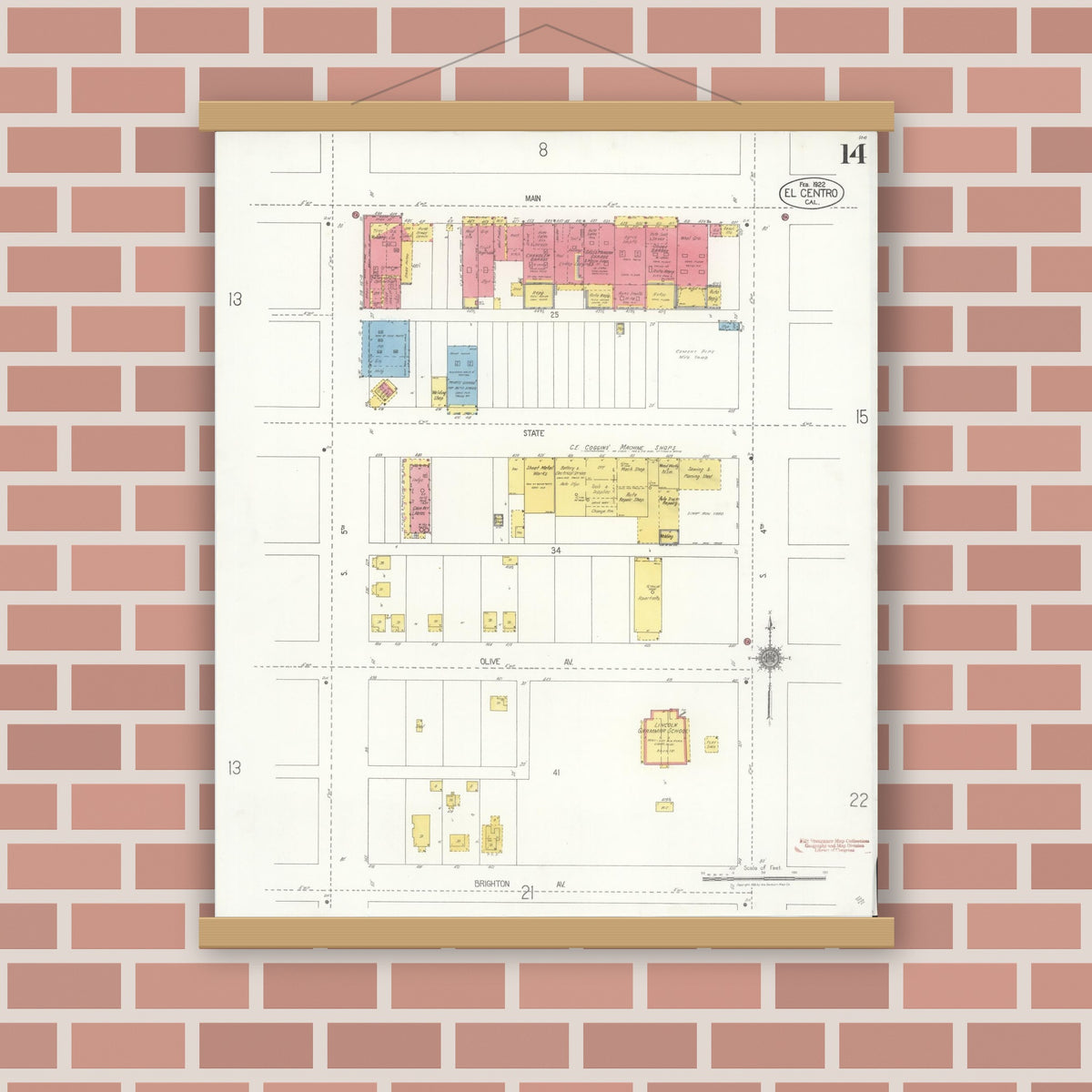 Old map wall art mockup — magnetic wood frame on brick wall — Sanborn Fire Insurance Map from El Centro, Imperial County, California (1922), Sheet #0014
