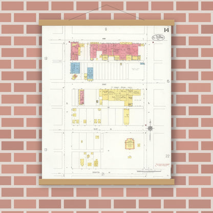 Old map wall art mockup — magnetic wood frame on brick wall — Sanborn Fire Insurance Map from El Centro, Imperial County, California (1922), Sheet #0014
