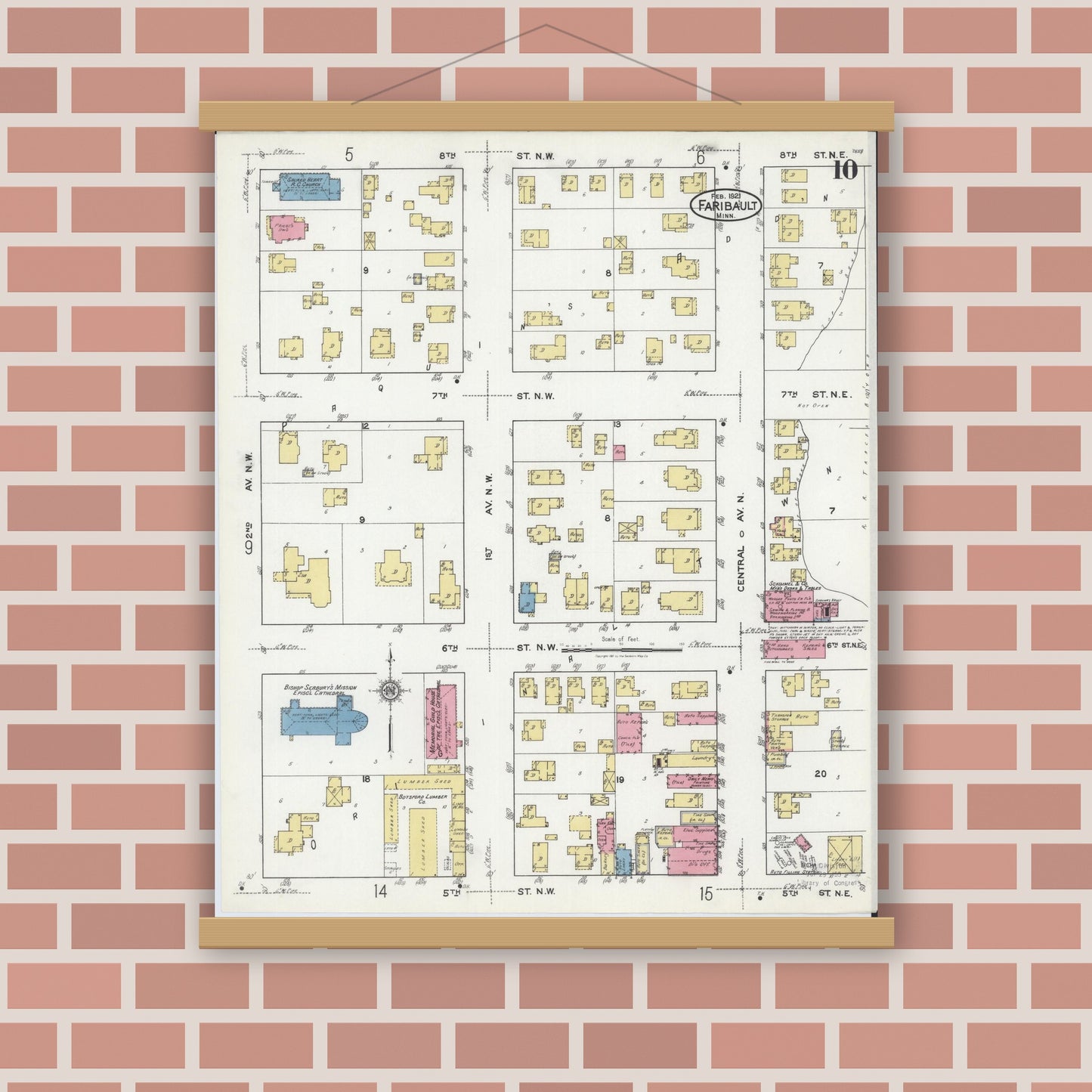 Old map wall art mockup — magnetic wood frame on brick wall — Sanborn Fire Insurance Map from Faribault, Rice County, Minnesota (1921), Sheet #0010