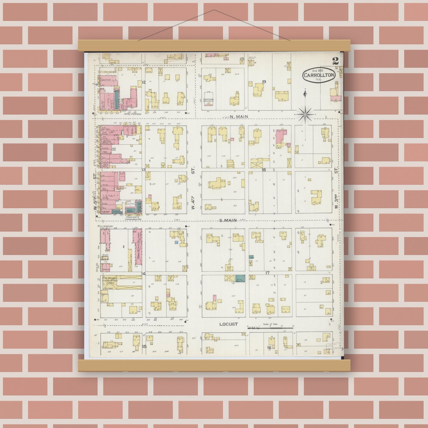 Old map wall art mockup — magnetic wood frame on brick wall — Sanborn Fire Insurance Map from Carrollton, Greene County, Illinois (1893), Sheet #0002