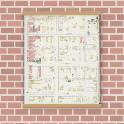 Old map wall art mockup — magnetic wood frame on brick wall — Sanborn Fire Insurance Map from Carrollton, Greene County, Illinois (1893), Sheet #0002