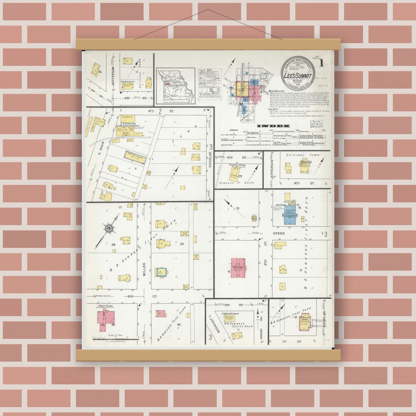 Old map wall art mockup — magnetic wood frame on brick wall — Sanborn Fire Insurance Map from Lee's Summit, Jackson County, Missouri (1918) - Complete Map Set