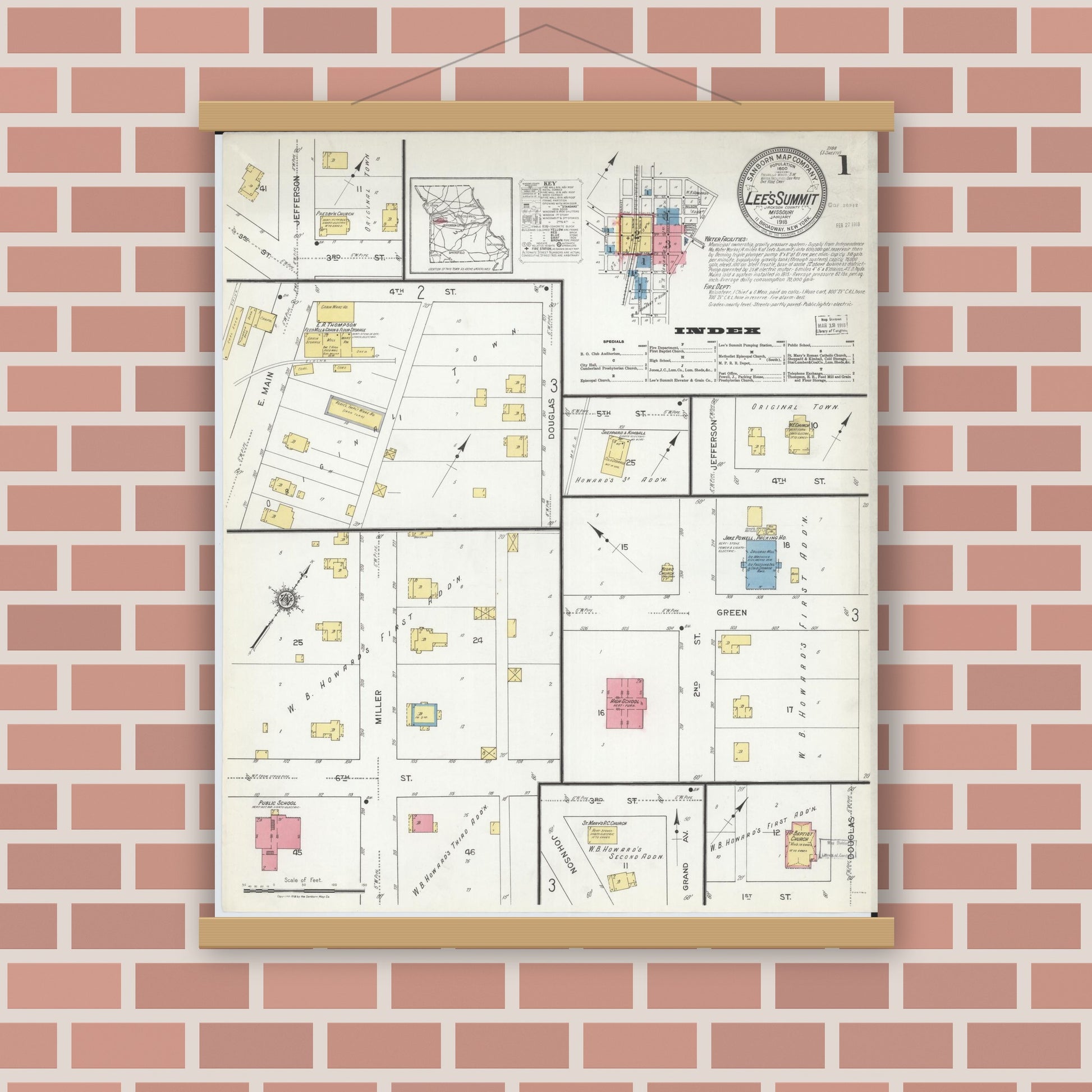 Old map wall art mockup — magnetic wood frame on brick wall — Sanborn Fire Insurance Map from Lee's Summit, Jackson County, Missouri (1918) - Complete Map Set