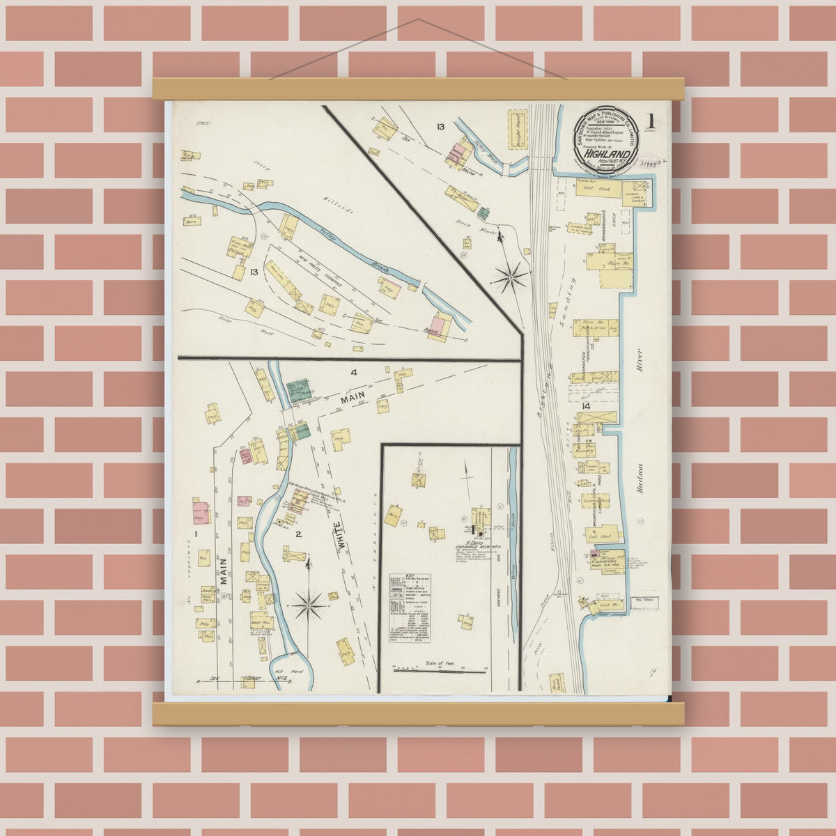 Old map wall art mockup — magnetic wood frame on brick wall — Sanborn Fire Insurance Map from Highland, Ulster County, New York (1887) - Complete Map Set