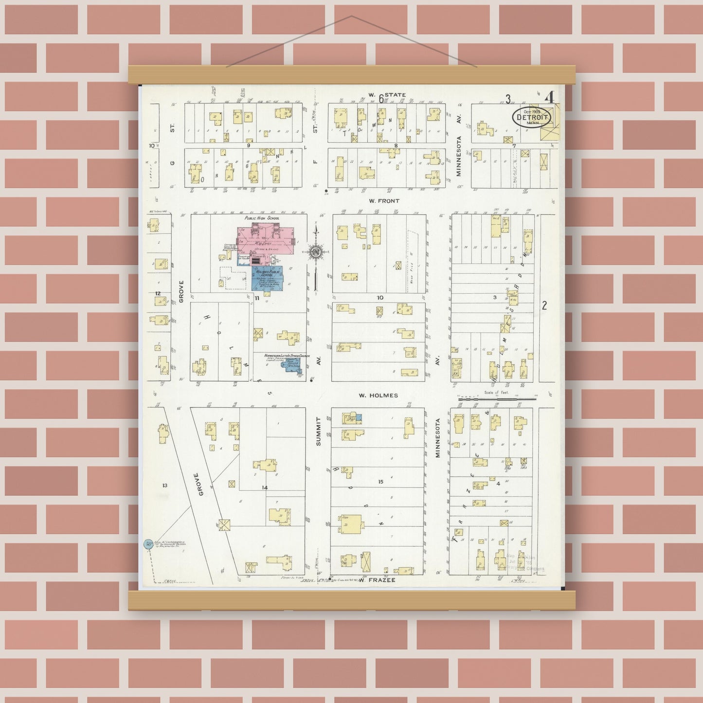 Old map wall art mockup — magnetic wood frame on brick wall — Sanborn Fire Insurance Map from Detroit Lakes, Becker County, Minnesota (1909), Sheet #0004