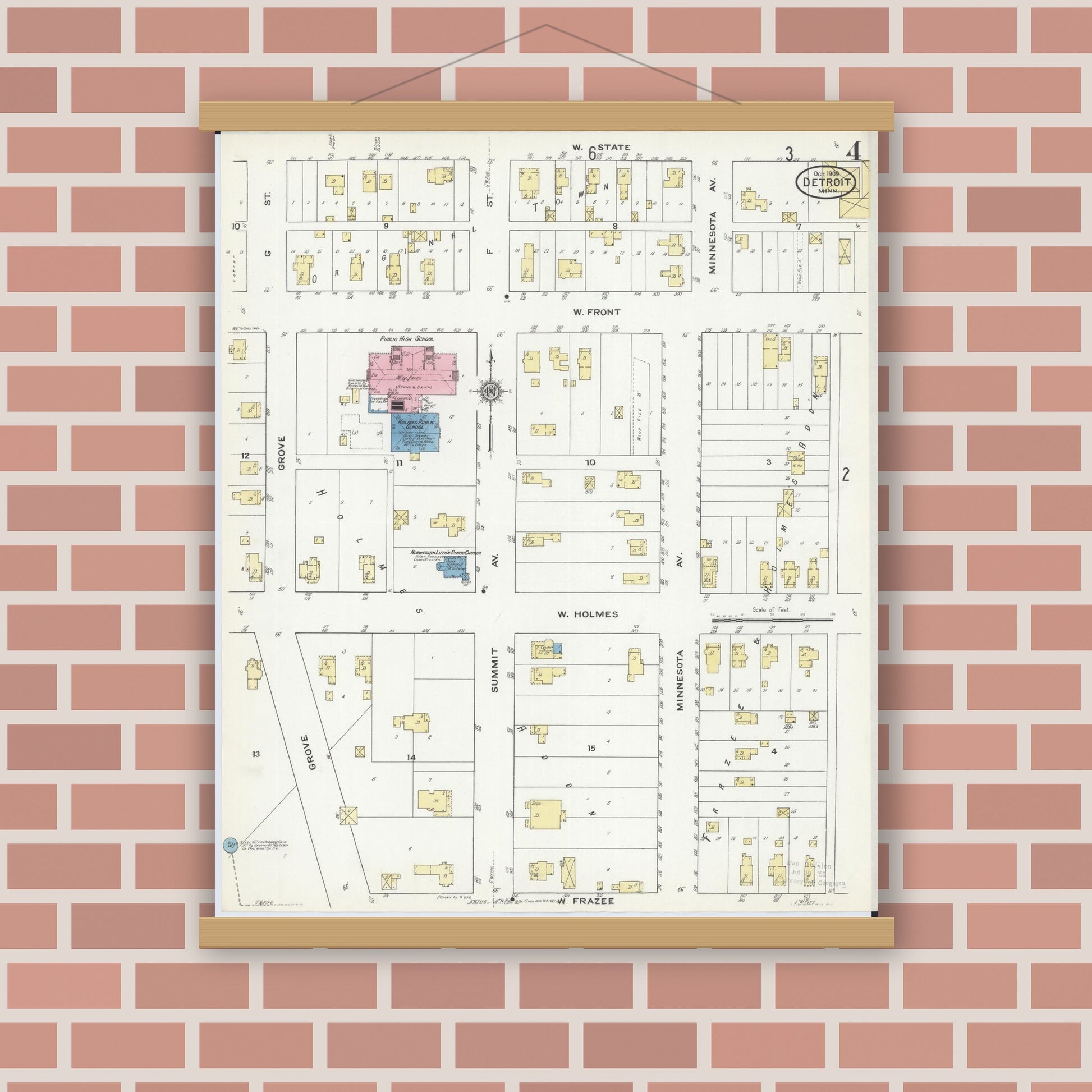 Old map wall art mockup — magnetic wood frame on brick wall — Sanborn Fire Insurance Map from Detroit Lakes, Becker County, Minnesota (1909), Sheet #0004